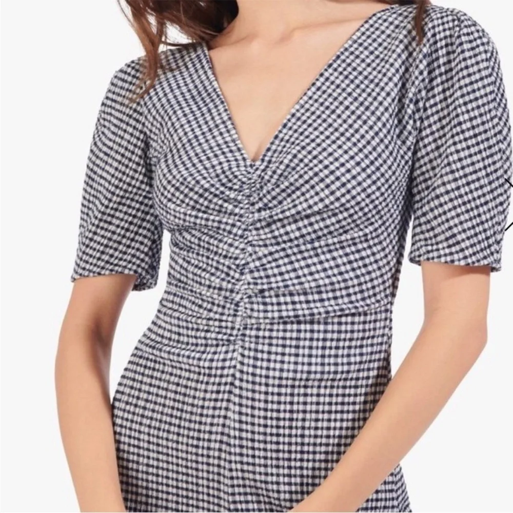 Staud Fraise Gingham Seersucker Ruched Short Sleeve Jumpsuit Navy New Size 6